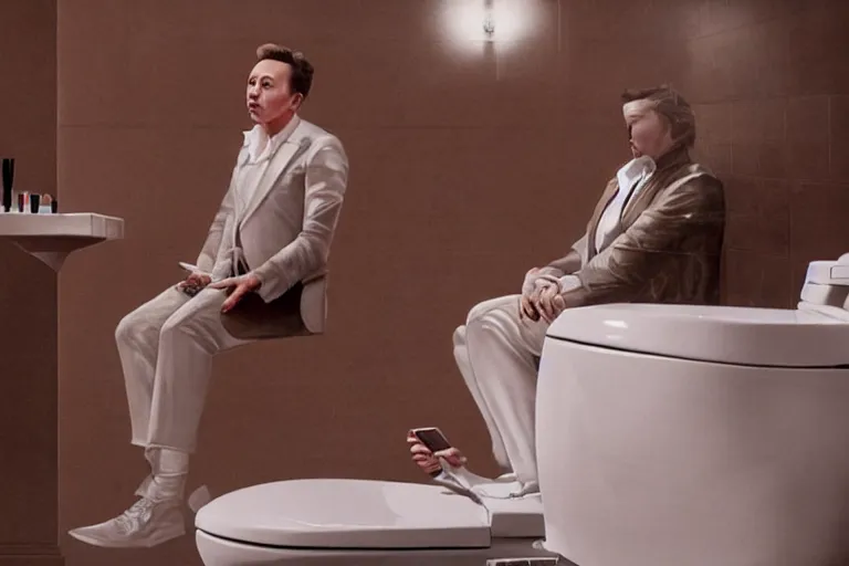 Image similar to hyperrealism aesthetic ridley scott and denis villeneuve style fashion photography of a detailed hyperrealism elon musk, siting on a detailed hyperrealism toilet and scrolling his detailed smartphone in hyperrealism scene from detailed art house movie in style of alejandro jodorowsky and wes anderson