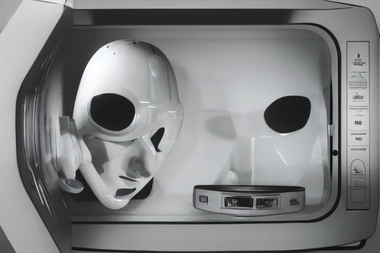 Image similar to humanoid robot sticking her head inside of a microwave, from 2001, bathed in the glow of a crt television, low-light photograph, in the style of jack bridgeland