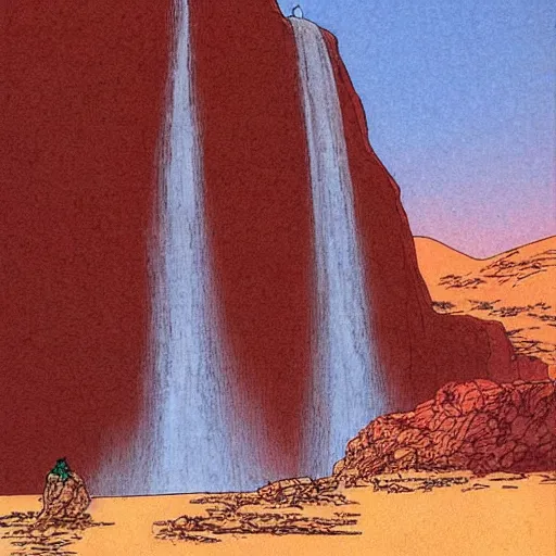 Prompt: ”old man sees waterfall in the desert, by moebius”