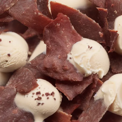 Prompt: beef jerky blended with ice cream, 35mm 4k, pinhole