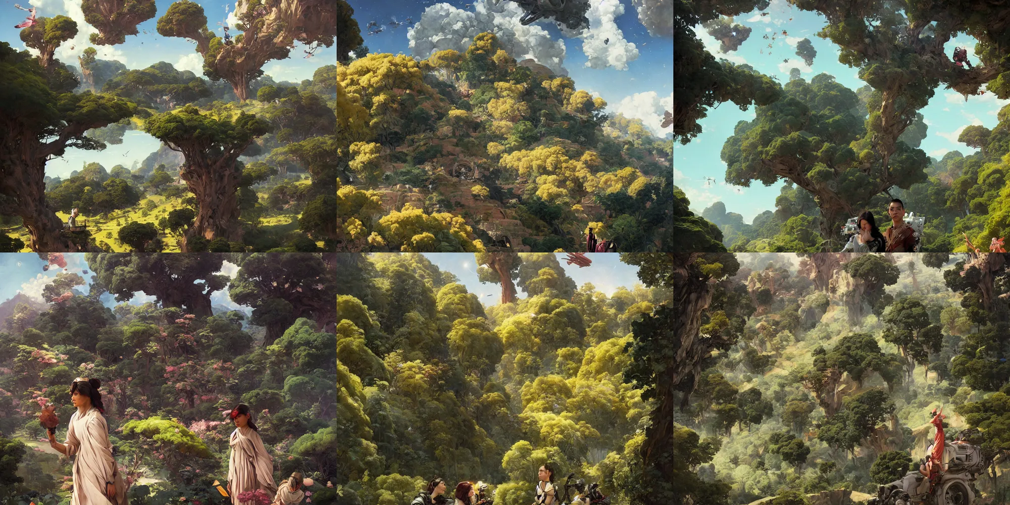 Prompt: a valley with trees in flower and spaceships flying in the sky. full - length, oil painting in a modern style, very detailed, painted by caravaggio, greg rutkowski, sachin teng, thomas kindkade, enki bilal, tony sandoval, norman rockwell, tom bagshaw.