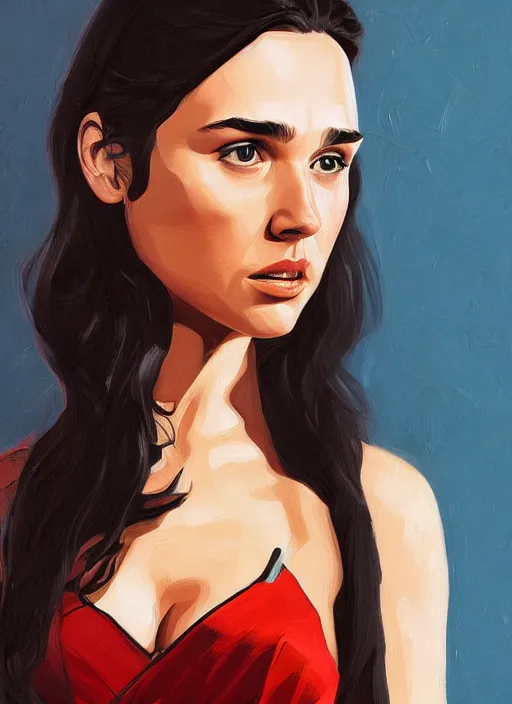 Image similar to detailed artwork by phil noto ; stylized painting of young jennifer connelly ; gal gadot ; brush texture ; asymmetric composition ; trending on artstation ; gallery painting by phil noto, comic style