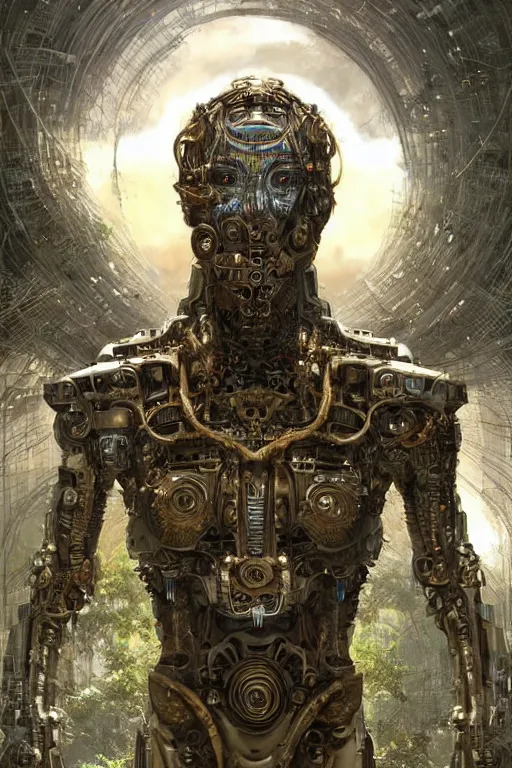 Image similar to A neofuturistic very highly detailed cyborg god with very highly detailed face in the beautiful garden in a very highly detailed solarpunk sci-fi city realistic concept art photography by Greg Rutkowski, sci-fi highly detailed, realistic concept art photography, Dimensional cyan gold natural light, cinematic shot, realistic concept art photography by Stephen Hickman and James Gurney and Hiromasa Ogura Ghost in the Shell rendered in Octane Render, From the distance