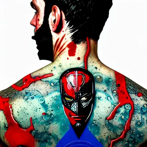 Image similar to a portrait of a back man with side profile blood in ocean intricate details :: side profile :: oxygen mask by MARVEL comics and Sandra Chevrier