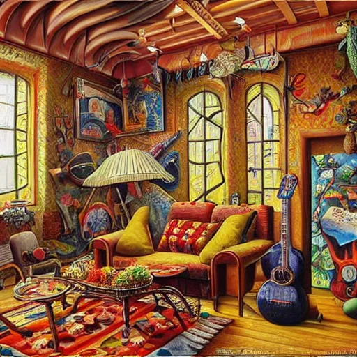 Image similar to a painting of a living room, a surrealist painting by jacek yerka, cgsociety, fantastic realism, maximalist, surrealist, detailed painting