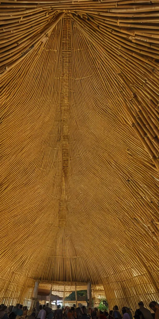 Prompt: inside small pavilion made of bamboo. complex curved vaulting structure. a large crowd at a party. post digital collage, 4 k, 8 k. volumetric lighting.
