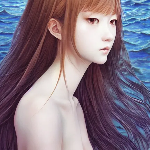 Prompt: Females Portrait by Miho Hirano, Ross Tran and Ilya Kuvshinov, realistic, detailed, white, light pink tonalities, beautiful collage technique including flora, sea, wind, ornate sea background, beautiful Fantasy detailed trending on artstation, oil painting,Dramatic lighting, eterea , high quality print, fine art with subtle redshift rendering