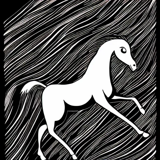 Image similar to a black and white vector based illustration by Junji Ito of a galloping flaming horse done in Adobe illustrator, black ink shading on white background