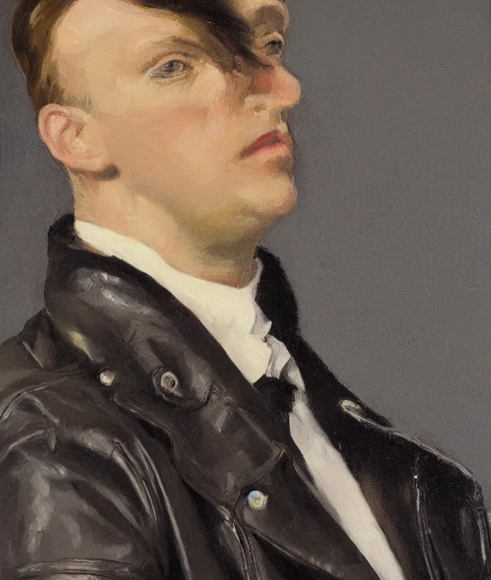 Image similar to a very detailed portrait of a man wearing an 8 0 s jacket with big shoulder pads, very aesthetic leather jacket, detailed closeup of leather jacket, front view, in the style of edward hopper and oswald hornby joseph birley and susan ryder, very small brushstrokes, 4 k,