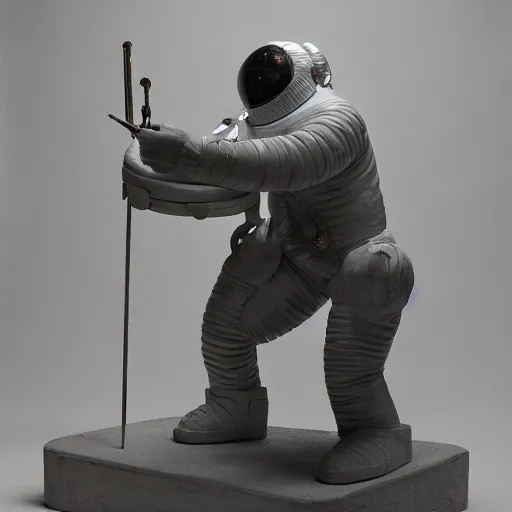 Prompt: [Sculpture of St.Georges, dressed as a cosmonaut, slaying a rich man in the style of futurist brutalism, concrete, in an art gallery]