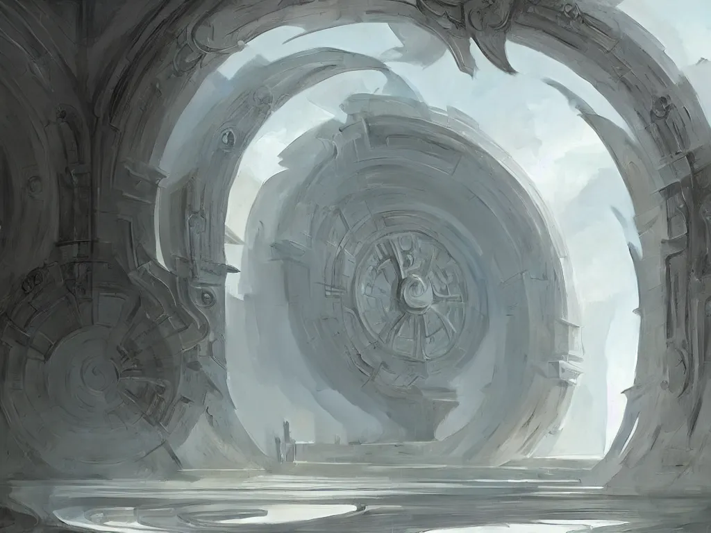 Image similar to circular gate in a white wall, leading to heaven. modern architecture. fantasy. detailed. smooth. sharp focus. trending on artstation. artist greg rutkowski.