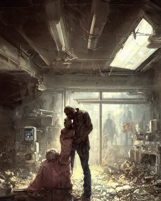 Image similar to a highly detailed epic cinematic concept art CG render digital painting artwork: old dead couple at a decayed gas station surrounded by dark figures. volumetric lighting. By Greg Rutkowski, in the style of Francis Bacon and Syd Mead and Norman Rockwell and Beksinski, open ceiling, highly detailed, painted by Francis Bacon and Edward Hopper, painted by James Gilleard, surrealism, airbrush, Ilya Kuvshinov, WLOP, Stanley Artgerm, very coherent, triadic color scheme, art by Takato Yamamoto and James Jean