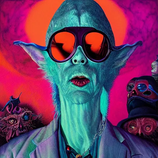 Prompt: Fear and Loathing Vampire in Wonderland, a psychedelic horror fantasy portrait by Wayne Barlowe and Beeple, vivid color, album cover,