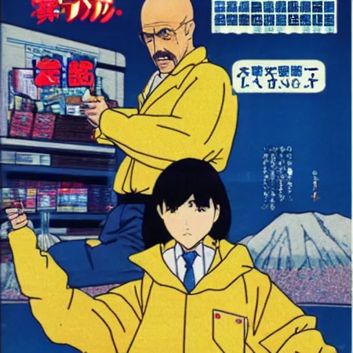 Prompt: japanese magazine advert for breaking bad anime, 1 9 8 5