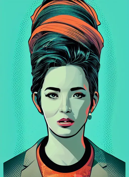 Prompt: female portrait by petros afshar, tom whalen, laurie greasley, vaporwave