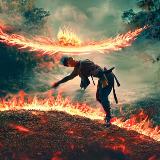 Image similar to cinematic film still of Chance The Rapper starring as a Samurai holding fire, Japanese CGI, VFX, 2022, 40mm lens, shallow depth of field, film photography