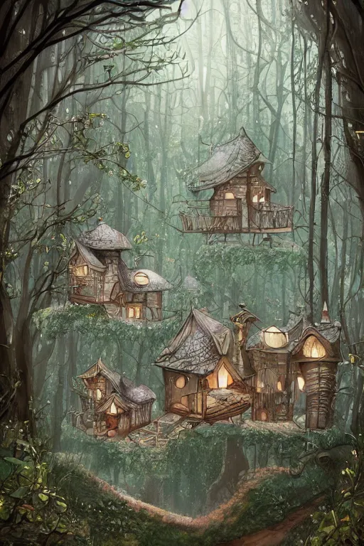 Prompt: a minimalist storybook illustration of a ramshackle multistory fairytale hut in the forest, intricate, elegant, fantasy, highly detailed, digital painting, concept art, sharp focus, artstation