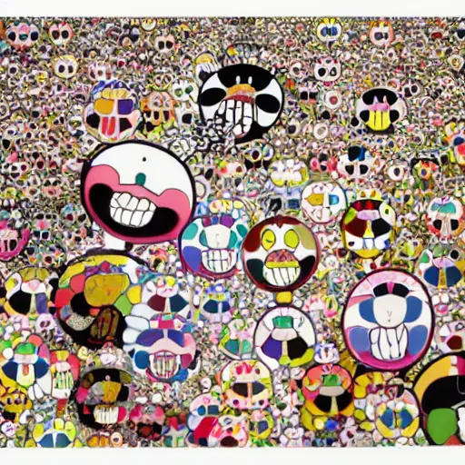 Image similar to a poster design of a miserable black family by takashi murakami,