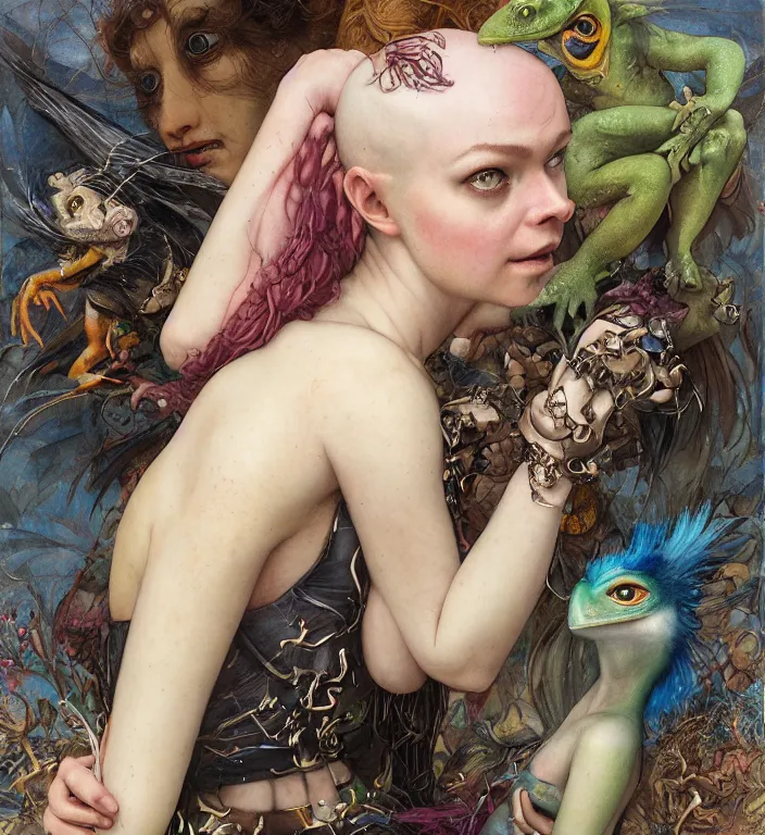 Prompt: a portrait photograph of a bald elle fanning as a colorful harpy super hero with slimy reptile skin. she is trying on a amphibian organic catsuit and transforming into a feathered beast. by tom bagshaw, donato giancola, hans holbein, walton ford, gaston bussiere, peter mohrbacher and brian froud. 8 k, cgsociety