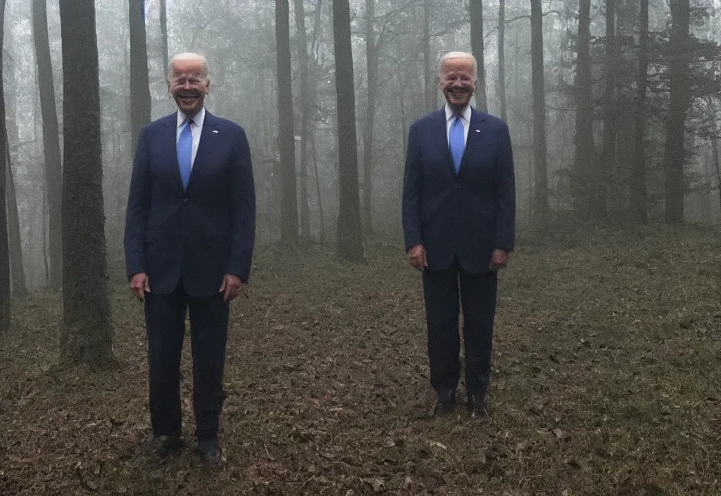 Prompt: low quality iphone photo of joe biden standing ominously deep in the foggy woods with a demonic smile in his face, low visibility creepy