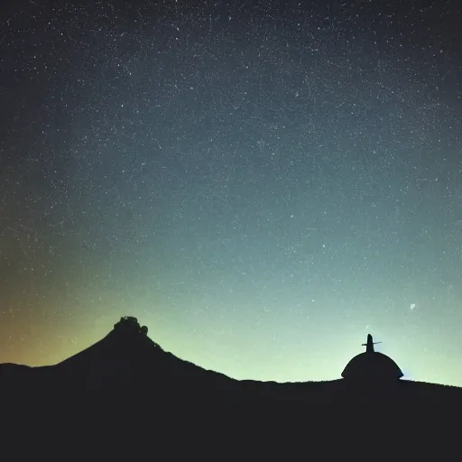 Prompt: Film still of silhouette of indian statue, sukhasana, starry sky with flying saucer, ufo, ufo, ufo, with radiating hill, full shot