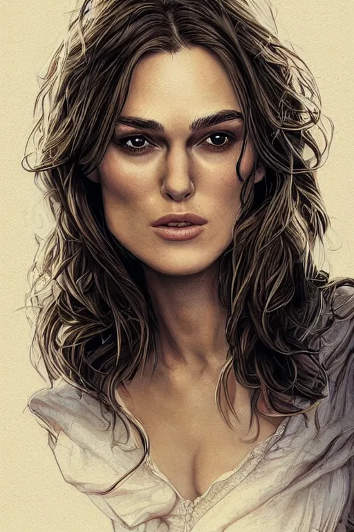 Prompt: a portrait of sexy young keira knightley with long hair, drawn by robbie trevino and dan mumford, poster, digital art, comic art, concept art,, single head, no double head,