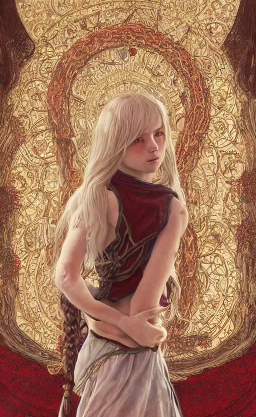 Prompt: full body shot of a young girl with blond twin tail hair and red eyes standing in front of a tapestry, ultra realistic, concept art, intricate details, eerie, highly detailed, photorealistic, octane render, 8 k, unreal engine, art by artgerm and greg rutkowski and alphonse mucha