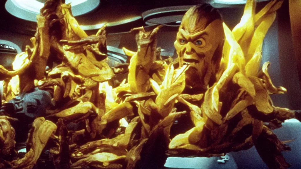 Image similar to a giant monster made of bananas and fries killing crew on star trek, film still from the movie directed by Denis Villeneuve with art direction by Salvador Dalí, wide lens