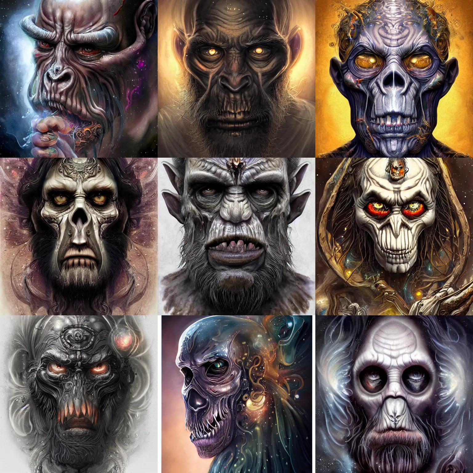 Image similar to a WLOP 3d render of Very very very very highly detailed beautiful mystic portrait of a phantom undead ape with whirling galaxy around, tattoos by Anton Pieck, intricate, extremely detailed, digital painting, artstation, concept art, smooth, sharp focus, illustration, intimidating lighting, incredible art,