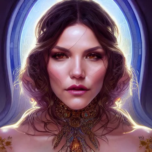 Image similar to Katherine McPhee as a fantasy magic woman portrait, sci-fi, amber eyes, face, long hair, fantasy, intricate, elegant, highly detailed, digital painting, artstation, concept art, smooth, sharp focus, illustration, art by artgerm and greg rutkowski and alphonse mucha