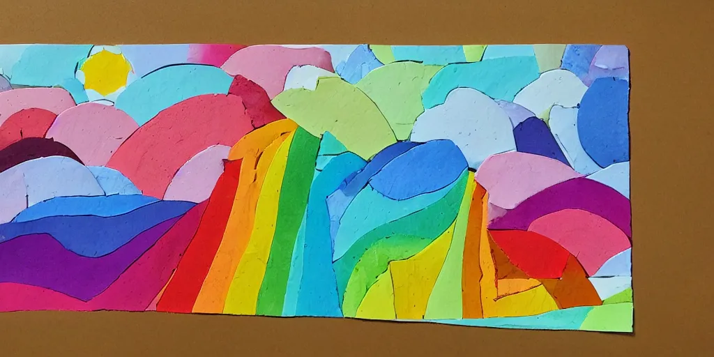 Prompt: rainbow landscape paper art
