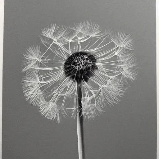 Prompt: pencil drawing of dandelion seeds blowing in the wind