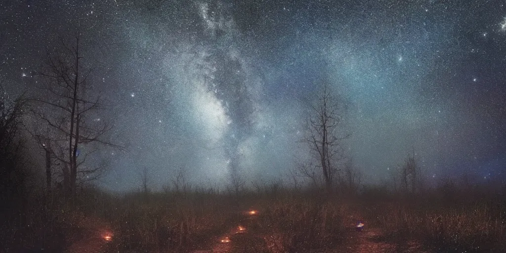 Prompt: a dark forrest with a path, sky full of stars and milkyway is viewable, mystical, art