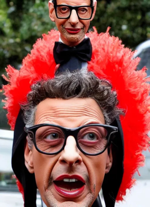 Image similar to jeff goldblum dressed up in a tomato costume