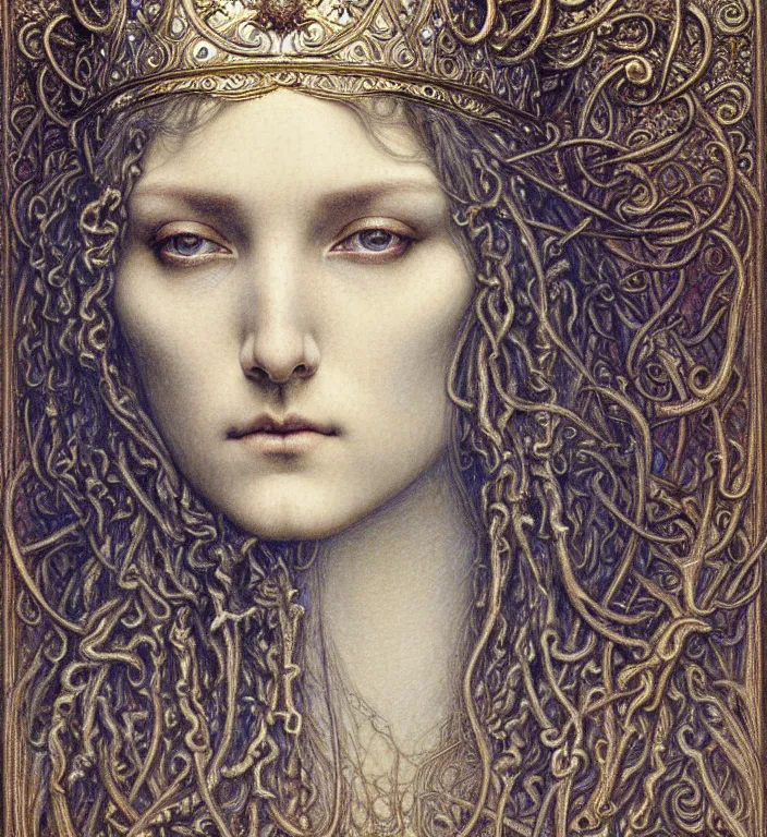 Image similar to detailed realistic beautiful young medieval queen face portrait by jean delville, gustave dore and marco mazzoni, art nouveau, symbolist, visionary, gothic, pre - raphaelite. horizontal symmetry