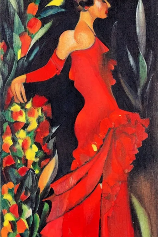 Image similar to spanish flamenco dancer in mallorca wearing a red dress made of flowers by artist tamara de lempicka