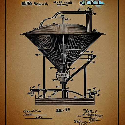 Prompt: plans for a coffee mill as drawn by thomas edison. patent filing. detailed. hd