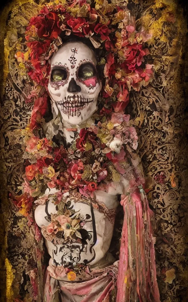 Image similar to tintype full body view, virgin mary in dia de muertos dress and make up, horrific beautiful vibe, evocative, atmospheric lighting, painted, intricate, highly detailed,