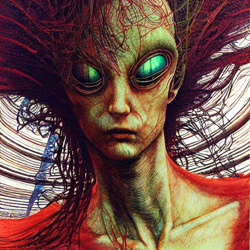 Image similar to simple concept art portrait of, ‘ the alien ’. an award winning yoshitaka amano digital art poster, by james gurney and gerhard richter. art by takato yamamoto. masterpiece, rich colours.