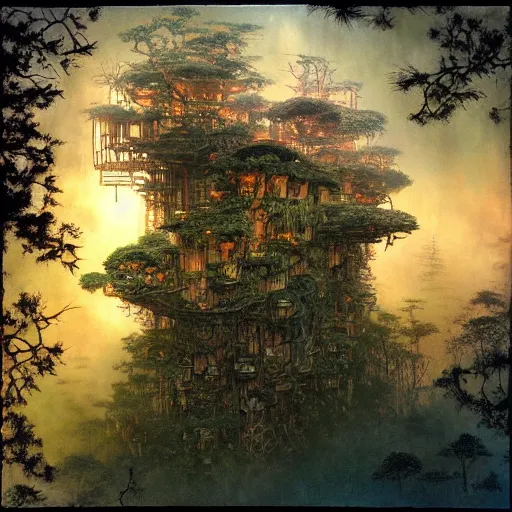 Prompt: treetop village at sundown in the style of endor by brian froud, yoshitaka amano, kim keever, victo ngai, james jean