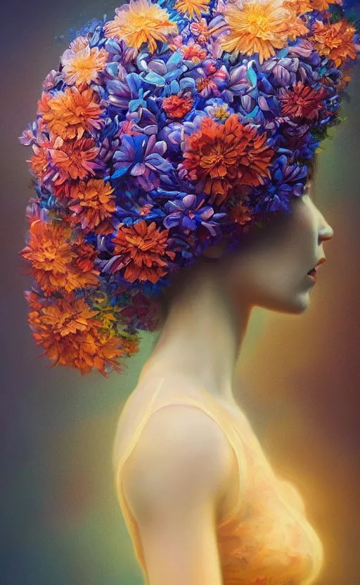 Image similar to a beautiful oil painting hyperrealism of a beautiful woman, flowers, floral headdress, 8 k resolution, octane render, trending on artstation, by gediminas pranckevicius, volumetric light 2 blue fractal thunder glow by dan mumford, anaglyph effect, laurie lipton