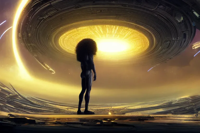 Prompt: a black man with long curly hair standing in front of a black hole horizon, time collapsing. neofuturistic highly detailed, digital concept art, Dimensional cyan gold natural light, sharp focus, Golden Ratio illustration, realistic concept art by Stephen Hickman and James Gurney and Hiromasa Ogura Ghost in the Shell rendered in Octane Render, From the distance