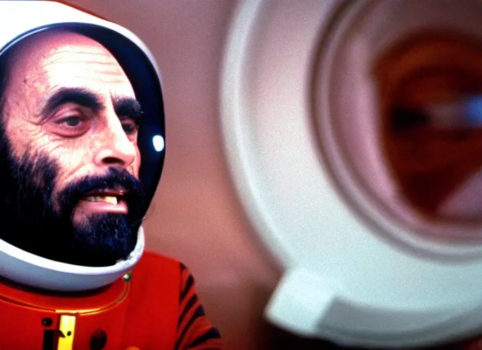 Image similar to film still of 30 year old Tommy Chong as Dr. Dave Bowman in 2001 A Space Odyssey