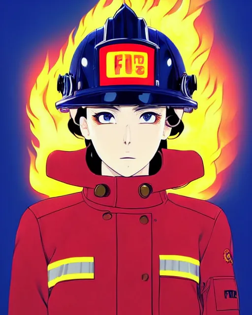 Image similar to fireman, cool pose, fire jacket, helmet, covered in beautiful flames!!! | | very very anime!!!, beautiful fine - face, audrey plaza, realistic shaded perfect face, fine details. anime. realistic shaded lighting poster by ilya kuvshinov katsuhiro otomo ghost - in - the - shell, magali villeneuve, artgerm