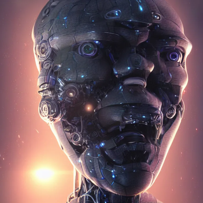 Image similar to hyperrealistic mixed media portrait of a Robot of Roland Busch forward angle, stunning 3d render inspired art by P. Craig Russell and Barry Windsor-Smith + perfect facial symmetry + dim volumetric lighting, 8k octane beautifully detailed render, post-processing, extremely hyperdetailed, intricate futuristic mechanic parts, epic composition, grim yet sparkling atmosphere, cinematic lighting + masterpiece, trending on artstation