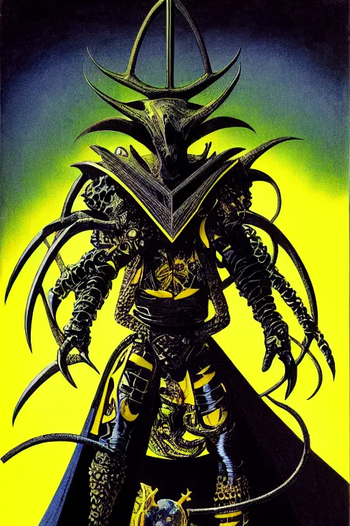 Prompt: portrait of black and yellow technicolor color print, richard corben, wayne barlowe, moebius, heavy metal comic cover art, psychedelic triangular lich in heavy shoulders armor, very intricate, thick outline, full body, symmetrical face, long black crown, in a shapes background, galactic dark colors