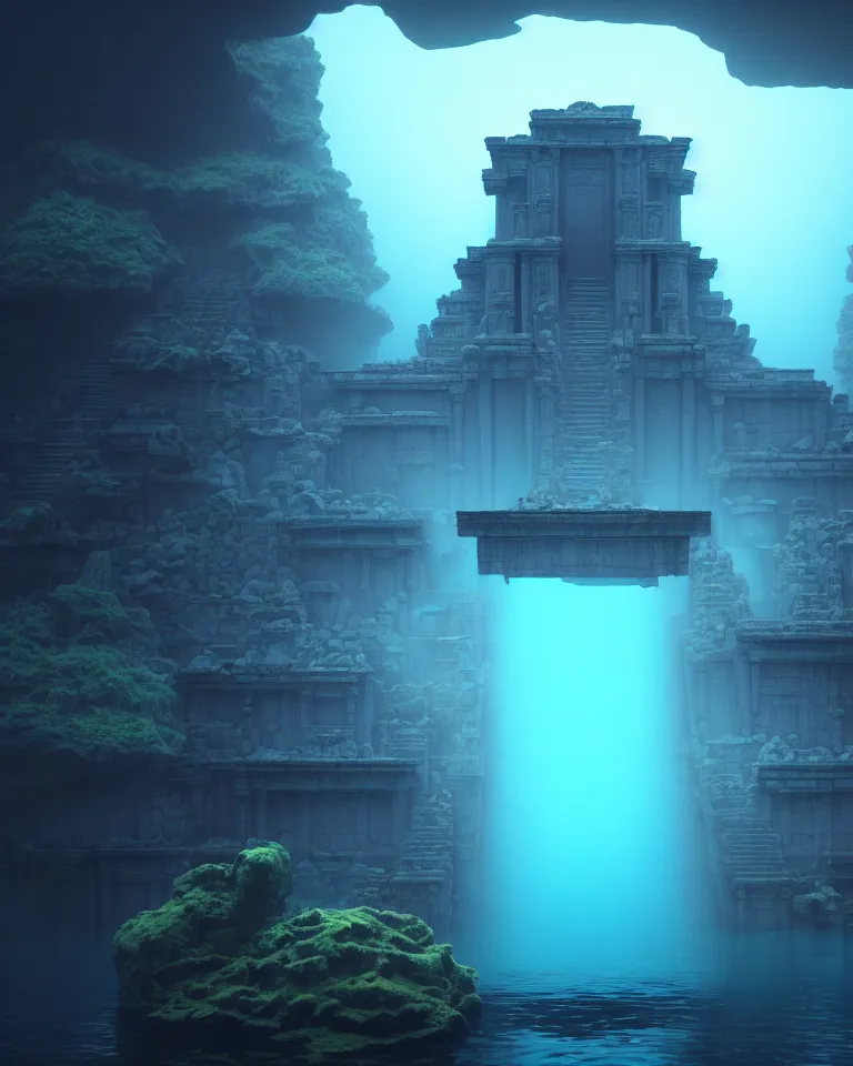 Image similar to ultrawide shot of submerged pre - incan temple, anime style mixed with fujifilm, dark, underwater, symmetrical, bubbles, abyss, dark, murky, foggy, atmospheric, crepuscular rays, artstation, cgsociety, octane render, cgi, unreal engine 5, denoise, detailed, cinematic masterpiece