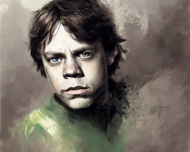 Prompt: portrait of young luke skywalker mark hamill young from star wars 6 return of the jedi 1 9 8 3 in shades of grey but with green by jeremy mann