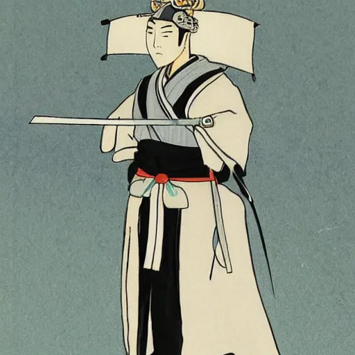 Prompt: a beautiful White cloaked Samurai Warrior with Sword Drawn by Mitsuru Adachi