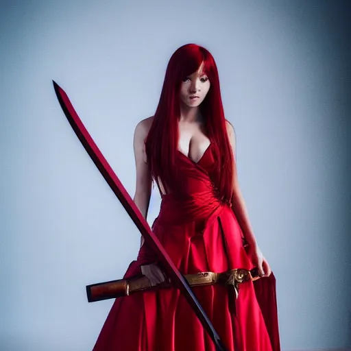 Image similar to dslr photo of beautiful erza scarlet wearing a elegant dress, standing holding a katana that is very detailed, portrait photo, real photo, real camera, extreme detailed face and body, high quality, moody lighting, fast paced lines, sharp quality, enchanting lighting, 8 k